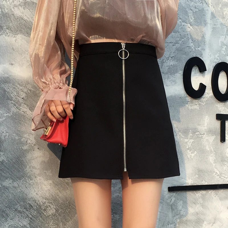 

2018 New Spring High Waist Plus Size Mini Skirt Women XL 2XL Big Ring Zipper Student OL Slim Black Pure Skirts AS2701