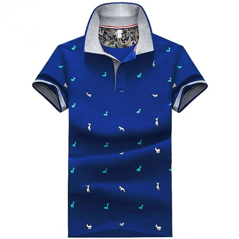 

New Fashion Men Unisex cute cartoon deers Print T-Shirts Knit Cotton Short Sleeve Stand Collar youth Elastic blue white Tees