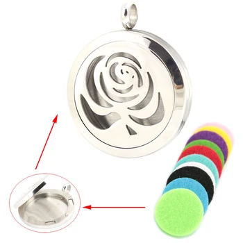 

10pcs 30mm Silver Blooming Rose Flower Stainless Steel Premium Aromatherapy Essential Oil Diffuser Necklace With chain and Pads