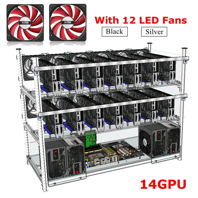 

Up to14 GPU Mining Frame + 12 Led Fans Aluminum Stackable For For Ethereum BTC Mining Case