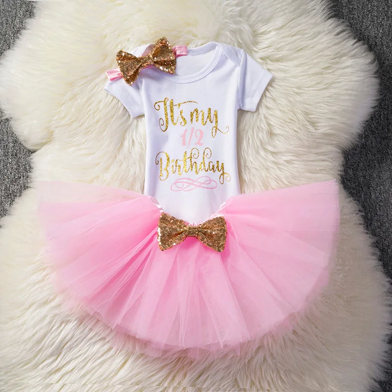Хлопковая одежда для маленьких девочек; платье для дня рождения на пол года; праздничные платья для маленьких девочек; платье-пачка для крещения с повязкой на голову - Цвет: Pink