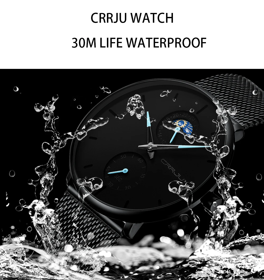 Топ бренд класса люкс CRRJU мужские полностью стальные сетчатые часы простые Стильные черные водонепроницаемые кварцевые наручные часы с фазой Луны Relogio