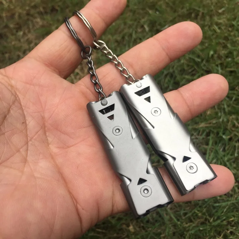 

Double Pipe High Decibel Stainless Steel Outdoor Emergency Survival Whistle Keychain Cheerleading Whistle Multifunction Tool