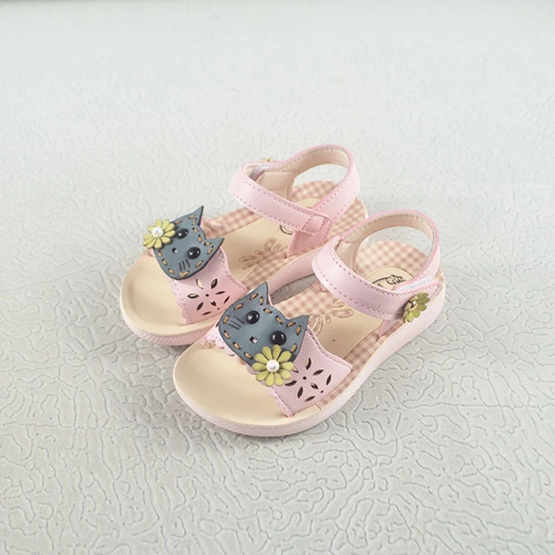Летняя детская обувь для девочек с милым котом и цветком, детские детская обувь сандалии, сандалии для девочек, детская обувь розового и бежевого цветов KS243