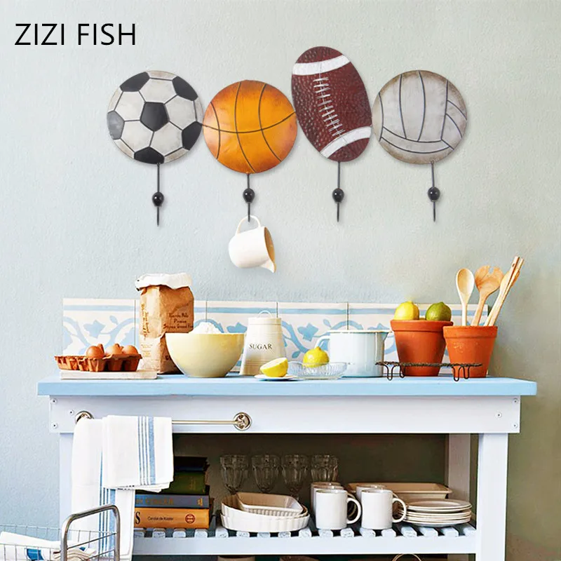 

American country creative football hanging hook door entrance porch key hook wall coat rack wall decoration 4 rows of hooks