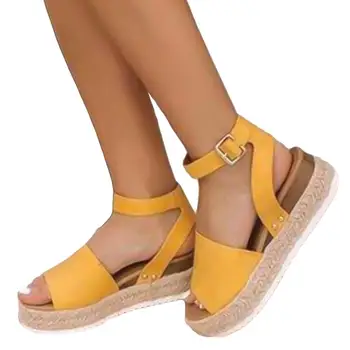 

Women Summer Straw Ankle Strap Open Toe Fish Mouth Wedge Platform Sandals Shoes
