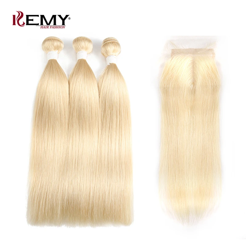 

613 Honey Blonde Brazilian Straight Human Hair Bundles With Closure KEMY HAIR 3/4 PCS Hair Weave With Closure Remy Hair Bundles