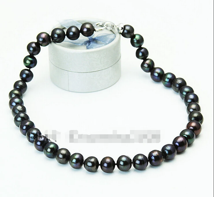 

fast Woman's gift 10-11mm black fresh water cultured pearl necklace AAA