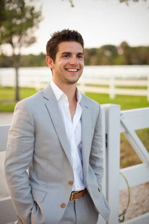 grey pant coat with white shirt