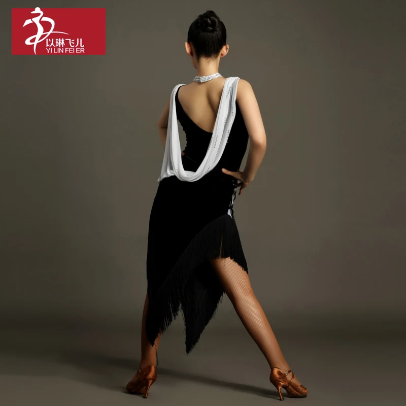 Женское профессиональное черное платье с кисточками для латинских танцев, танцевальное платье хорошего качества с блестками, одежда для Танго/чача, костюм