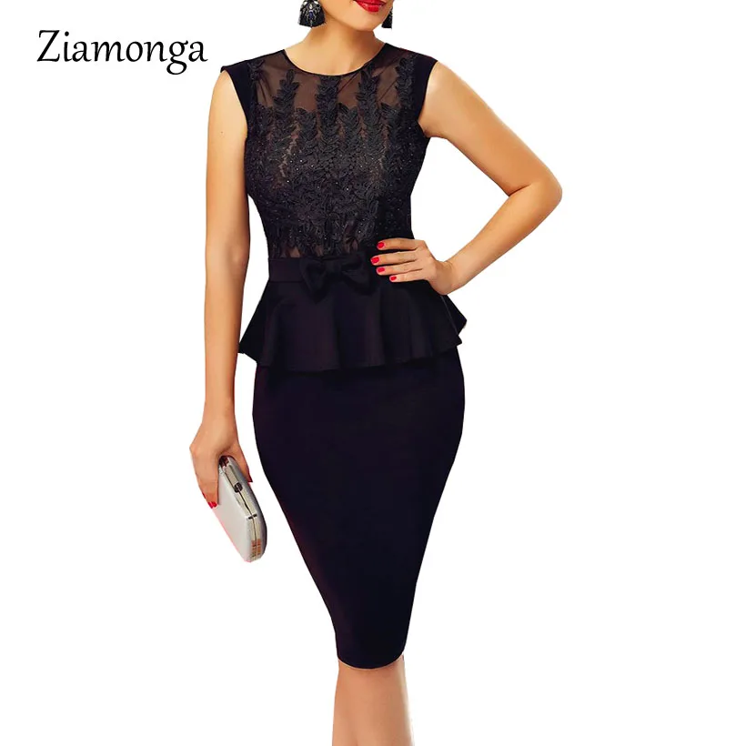 

Ziamonga Sleeveless Embroidery Lace Black Dress Autumn Peplum Sequin Bandage Dress Elegant Office Sexy Lace Women Dress Bodycon