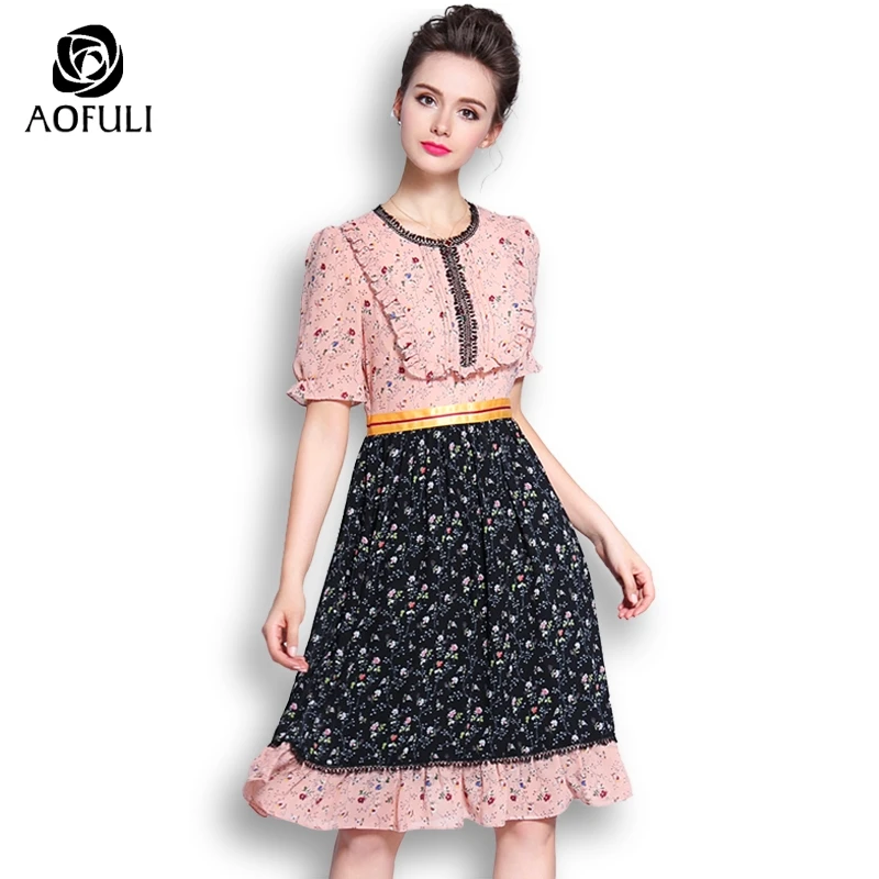 

AOFULI M- XXXL 4XL 5XL Vivid Flowers Print Dress Short Sleeve Patchwork Dress Brand Plus Size Ruffled Sundress For Summer C3367