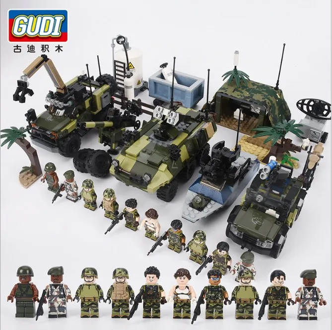 

GUDI Military Building Blocks War Missile Soldiers Army Vehicle Figures Weapons Truck Car Tank Border Raid Beach Invasion 340pcs
