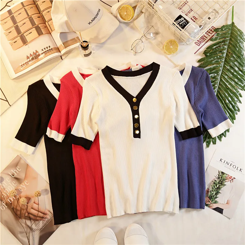 الصيف المرأة الخامس الرقبة محبوك قصيرة الأكمام والقمصان قمم الفتيات الحياكة بسط غمد أزرار تيز T قميص للإناث الصيف المرأة الخامس الرقبة محبوك قصيرة الأكمام والقمصان قمم الفتيات الحياكة بسط غمد أزرار تيز T قميص للإناث