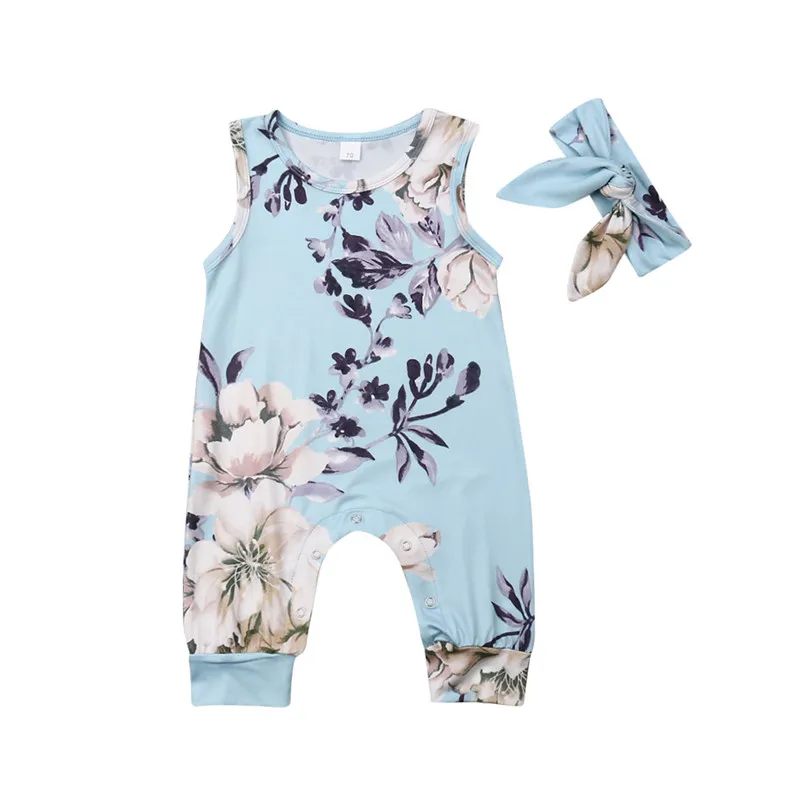

Cute Infant Baby Girl Floral Sets Milk Silk 2Pcs Clothes Sleeveless Flowers Tank Romper O-Neck Jumpsuit Headband Outfits 0-24M