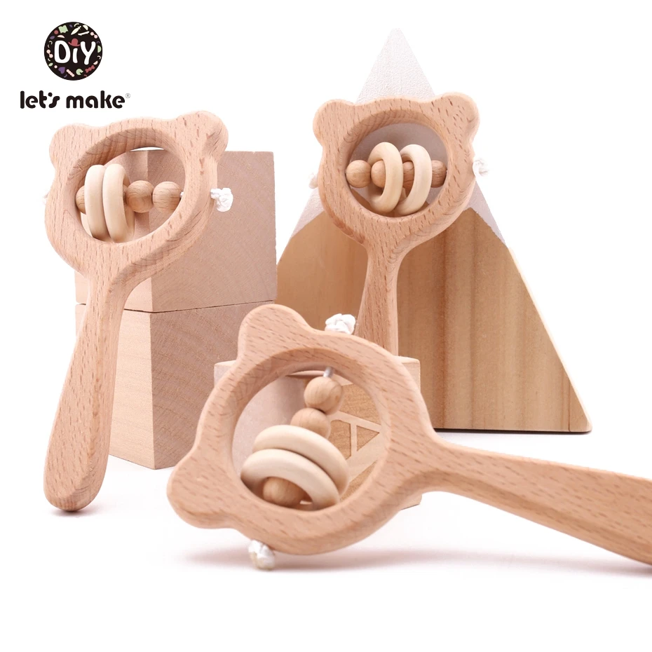 Let's Make Baby Toys Beech Wood Bear Hand Teething Wooden Ring Can Chew Beads Baby Rattles Play Gym Montessori Toys Baby Charms
