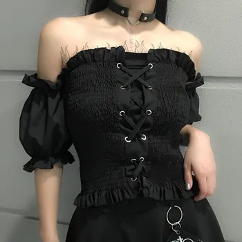 

Spring and Summer Shoulder Sexy Short Cross-strap Brassiere Hard Girl Lace Short-sleeved Top TBM-T4