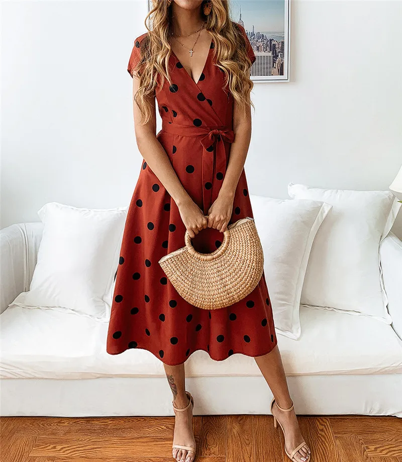 

2019 Women Summer Casual Vintage Dot Office Dresses Sexy Midi Fashion Korean Party Dress Plus Size