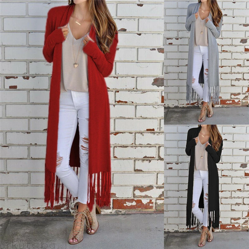 

2019 Autumn New Large Size Women's Clothing Solid Color Long-Sleeve Tassels Irregular Sweaters Cardigan Coat Woman