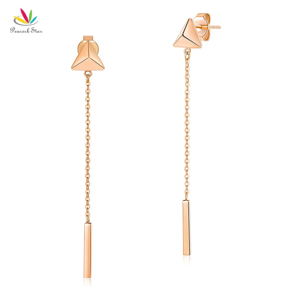 Real Solid 18K Rose Gold Long Line Earrings Drop Dangle Simple Elegant