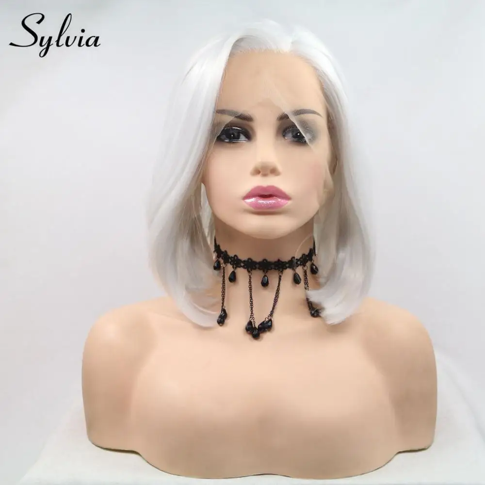 

Sylvia Short Straight Bob Synthetic Lace Front Wigs Side Part For Women Hand Tied Heat Resistant Daily Wear White Cosplay Wig