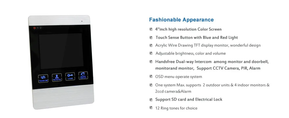 4 inch high solution color screen indoor monitor handsfree dual way intercom support CCTV Camera 