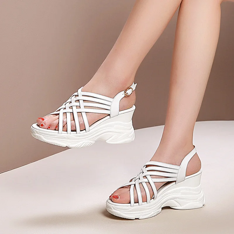 

Dilalula 2019 New INS Hot Genuine Leather Summer Dad Shoes Girl Platform Sandals Large Size 33-42 Comfort Wedges Shoes Woman