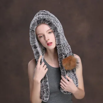 

Women Winter Scarves With Tassels Hooded Hold Ears Knitted Real Rex Rabbit Fur Hats For Women Fur Scarf Real Fur Thicken Scarf