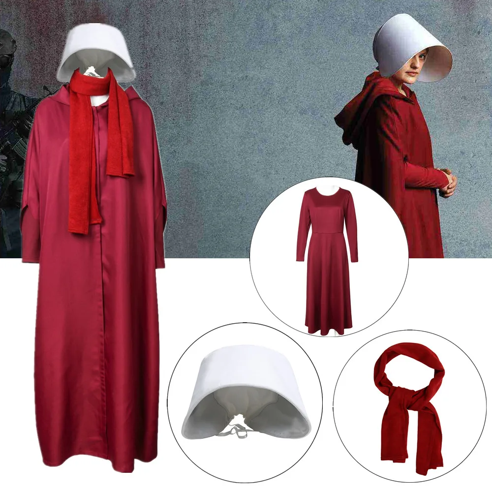 

Takerlama The Handmaid's Tale Cosplay Costume Handmaid Offred Women Red Cloak Dress Scarf White Hat Set Halloween Party Props