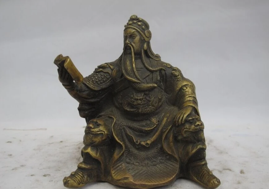 

China Folk Classical Bronze Copper Lucky Guan Gong GuanYu Sit Look Book Statue