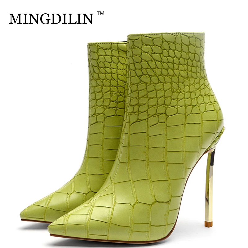 

MINGDILIN Autumn Winter Women's Ankle Boots Woman High Heels Shoes Metal Decoration Green Martin Boots Snakeskin Chelsea Boots