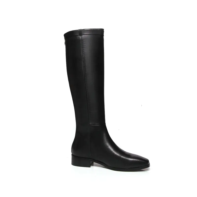 large size 34-43 low square heels genuine leather brand shoes women boots black square toe knee high boots