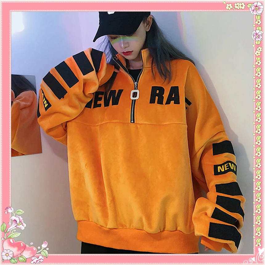 

Autumn Winter Harajuku Letter Embroidery Hoodies Female Bf Style Loose Ulzzang Lazy Student Sweatshirt Zipper Stitching Pullover
