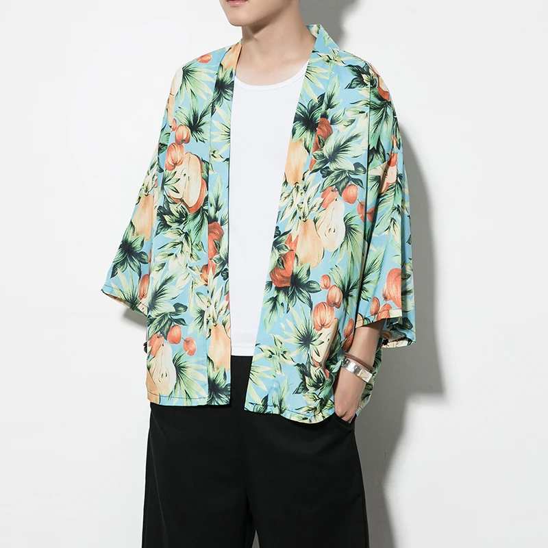 LAPPSTER мужская летняя кимоно куртка Harajuku кимоно уличная одежда Повседневная Гавайская Цветочная хип-хоп куртка открытая стежка - Цвет: Green Floral