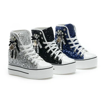 

Europe and the United States fashion waterproof platform casual shoes autumn and winter mosaic sequins 9CM high-heeled shoes.