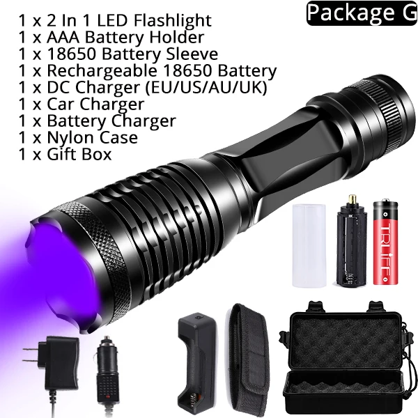 2в1 УФ-Фонарик светодиодный тактический фонарь Linternas 395nm Ультрафиолетовый детектор мочи для кемпинга домашних животных - Испускаемый цвет: Package G