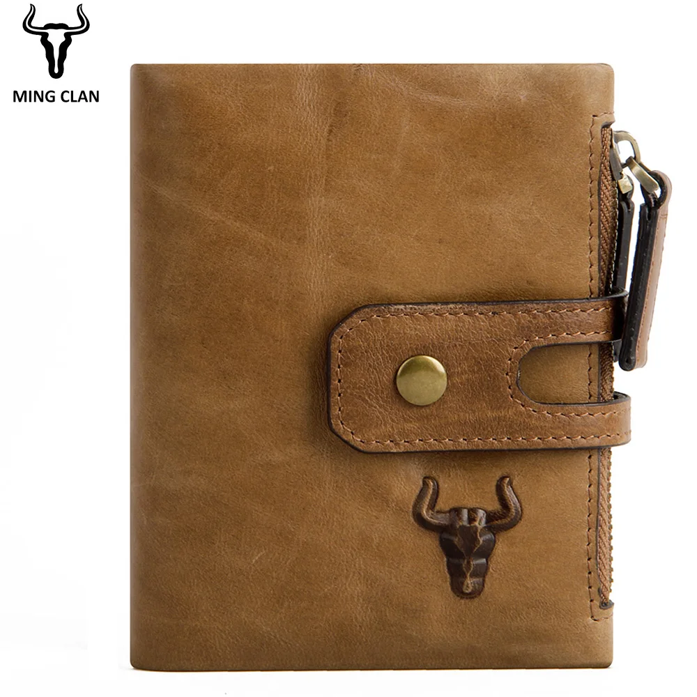

Mingclan Wallet Men Leather Genuine Vintage Coin Purse Zipper&Hasp Wallets Small Perse Solid RFID Card Holder Carteira Hombre
