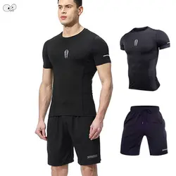 Мужские спортивные костюмы быстросохнущие дышащие комплект для бега фитнес тренажерный зал колготки спортивная футболка с коротким