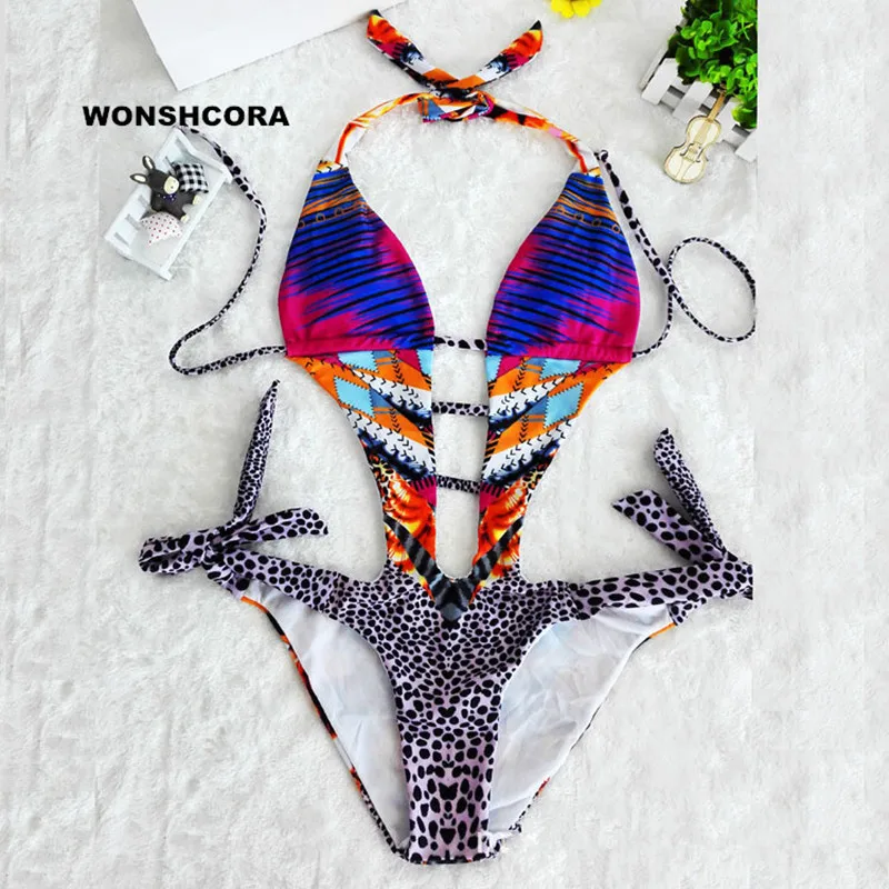 

2017 Multi Rope Cross One Piece Swimsuit Sexy Lapel Women Bikini Set Hanging Strap Back Open Swimwear Swimsuit for Girls