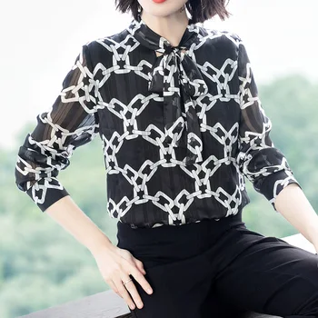 

New 2020 Hot Women Spring High Fashion Bow Collar Printing Single Breasted Office Formal Chiffon Blouses Ladies Plus Size Shirts