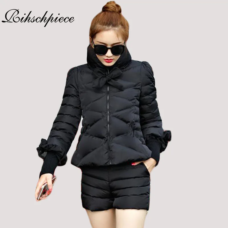 

Rihschpiece 2018 Down Coat Winter Jacket Pants Women 2 Piece Set Tracksuit Short Parka Thick Warm Bow Womens Winter Suit RZF825