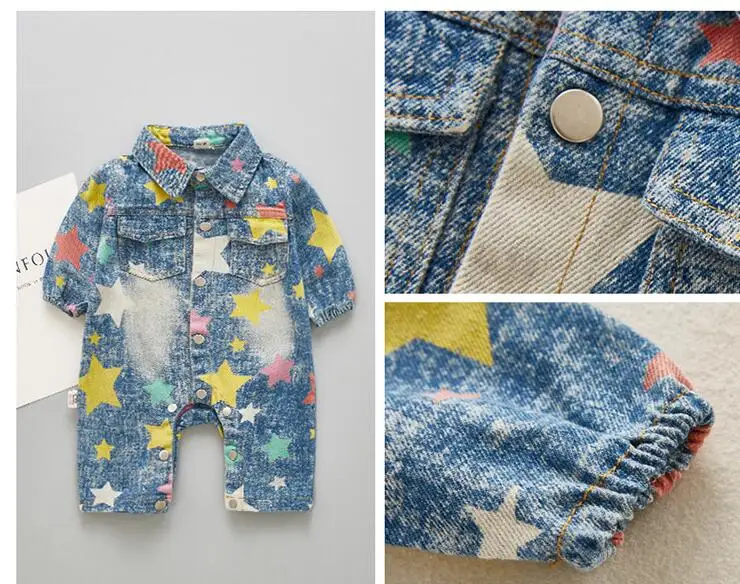 Ropa de bebé recién nacido otoño bebé Denim Rompers para niños mono de manga larga de impresión bebé Romper ropa bebe bebé traje 3-18 m Ropa de bebé recién nacido otoño bebé Denim Rompers para niños mono de manga larga de impresión bebé Romper ropa bebe bebé traje 3-18 m