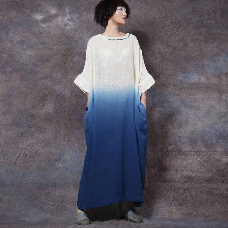 

Johnature Women Batwing Sleeve Dresses New Vintage 2019 Spring O-Neck Embroidery Loose Large Size Cotton Linen Long Dresses