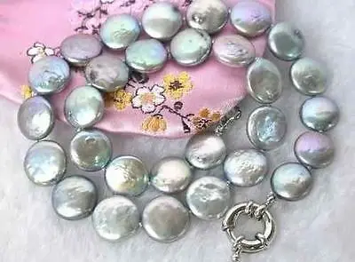 

FREE SHIPPING Beautiful,10-13mm gray Coin Akoya Pearl Necklace