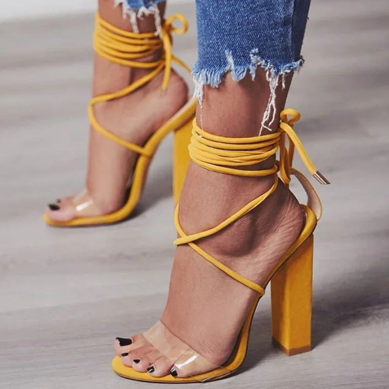 Summer new lace up high heels sandals women gladiator transparent clear cross strappy open toe block heels ladies shoes big size Summer new lace up high heels sandals women gladiator transparent clear cross strappy open toe block heels ladies shoes big size