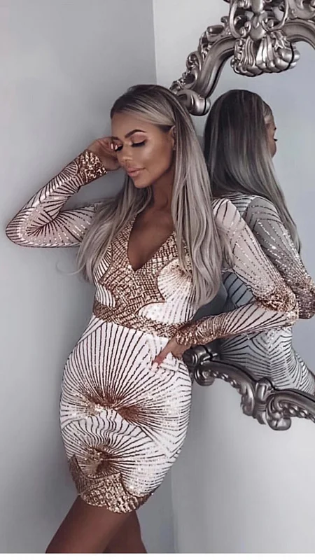 

High Quality Brown Long Sleeve V-neck Bodycon Dress Evening Party Elegant Dress