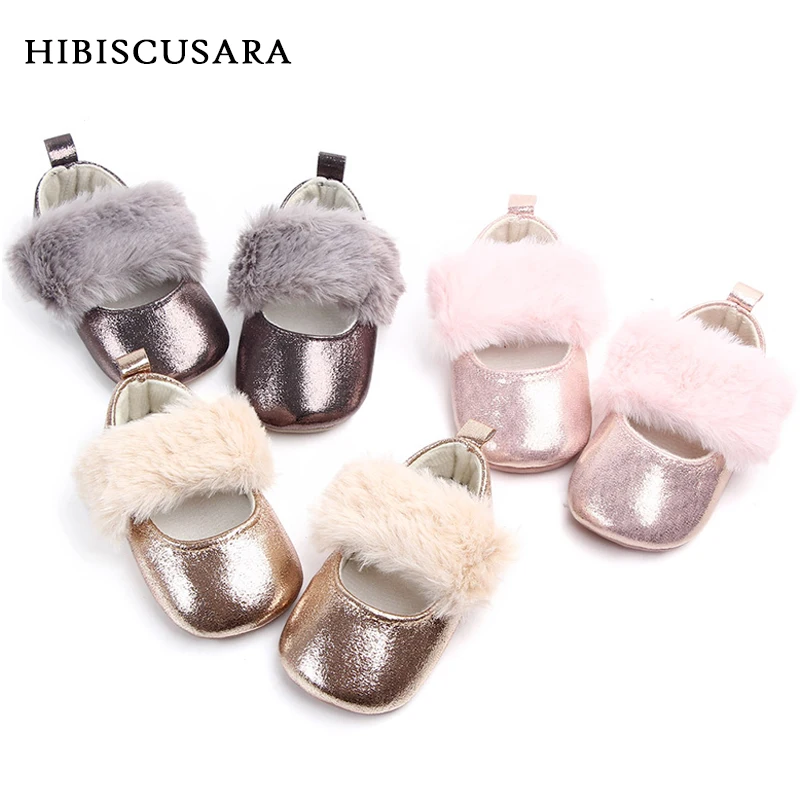 

Faux Fur Baby Girls Mary Jane Shoes for Dress Holiday Wedding Infant Shiny PU Leather First Walkers Non-slip Prewalkers
