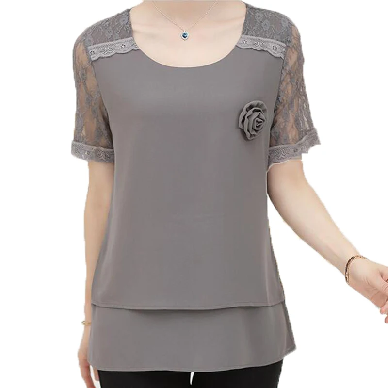 

2017 Summer Mother Clothes Plus Size Lace Short Sleeve Chiffon Shirts Women Casual Loose Tops Corsage Double-deck t-shirt LU107