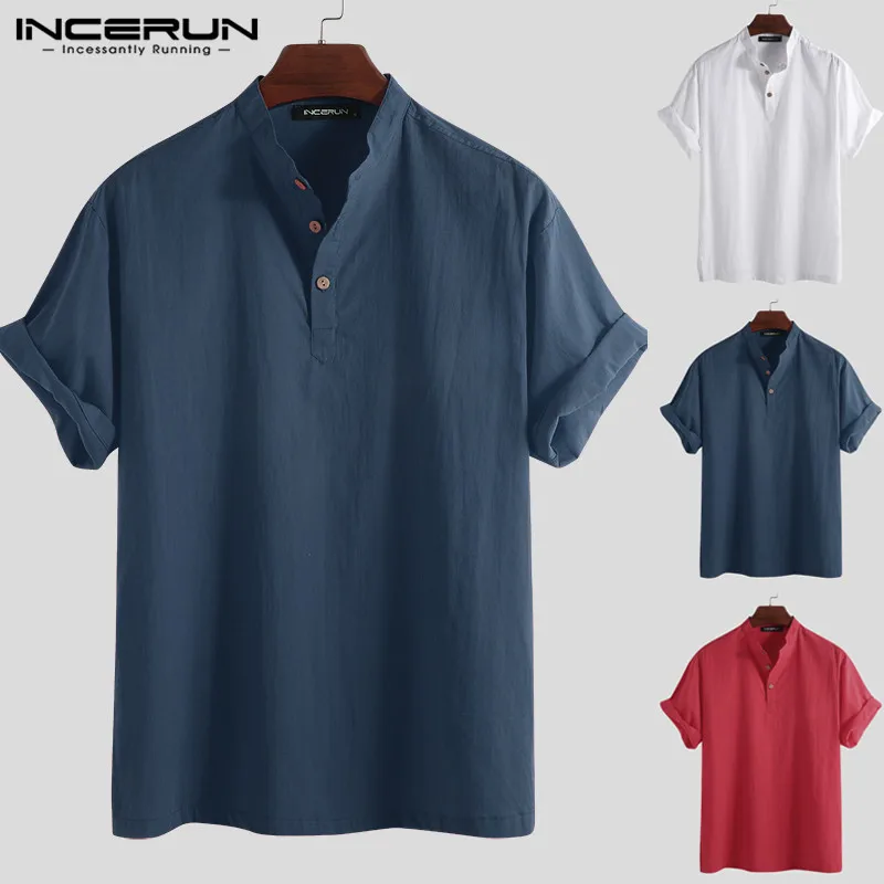 

INCERUN 2019 Casual Solid Color Men Shirt Cotton Stand Collar Button Loose Short Sleeve Brand Shirts Men Tops Chemise Harajuku