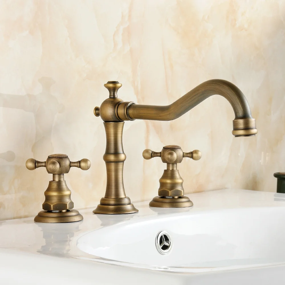 

European creative full copper faucet retro double three-hole split hot and cold above counter basin faucet wx7281146
